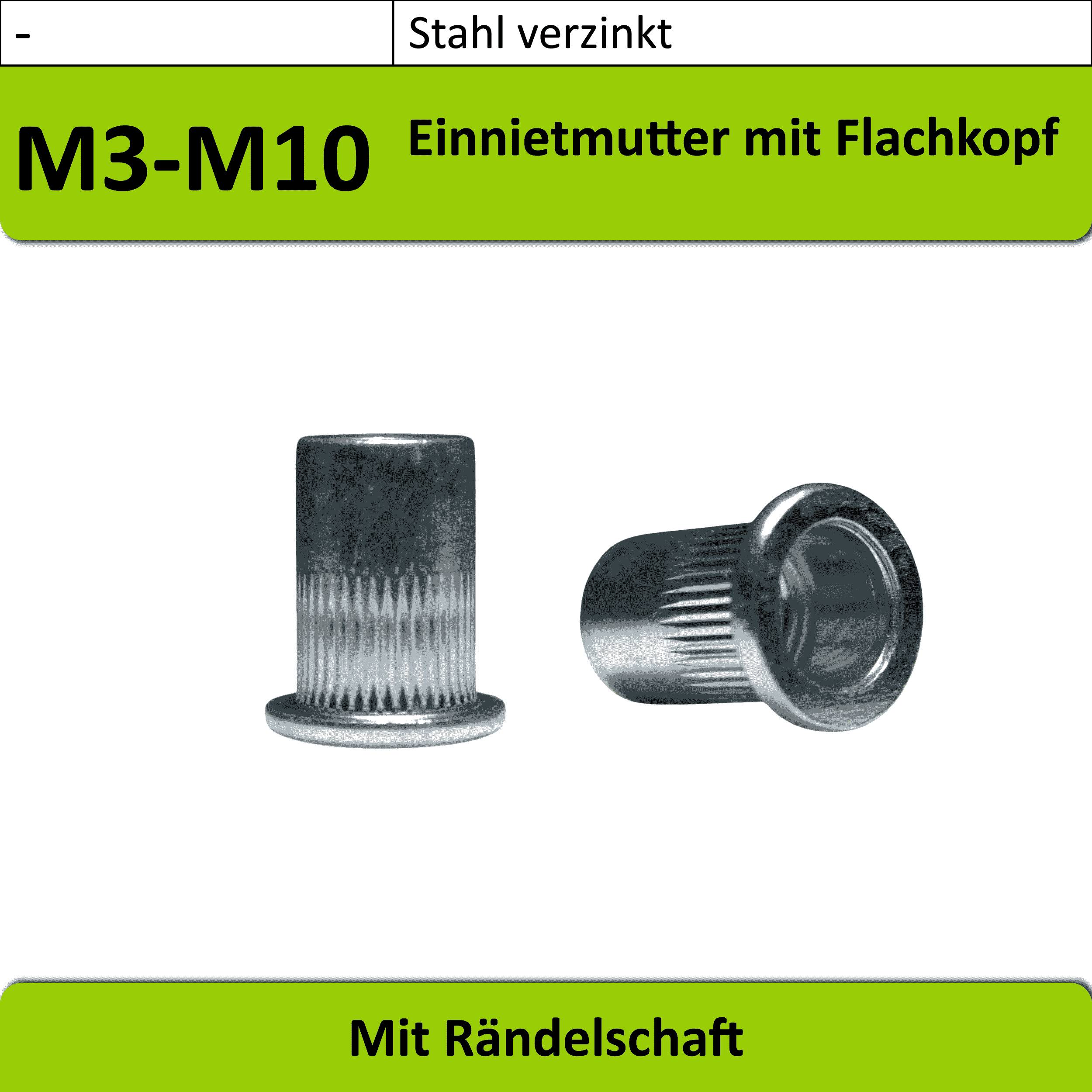 M3-M10 - Einnietmutter mit Flachkopf und Schafträndelung Stahl verzinkt M3-M10 - Einnietmutter mit Flachkopf und Schafträndelung Stahl verzinkt